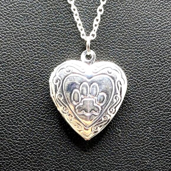 Silver Heart Locket Pet Paw Necklace Woman's Christmas Anniversary Birthday Gift